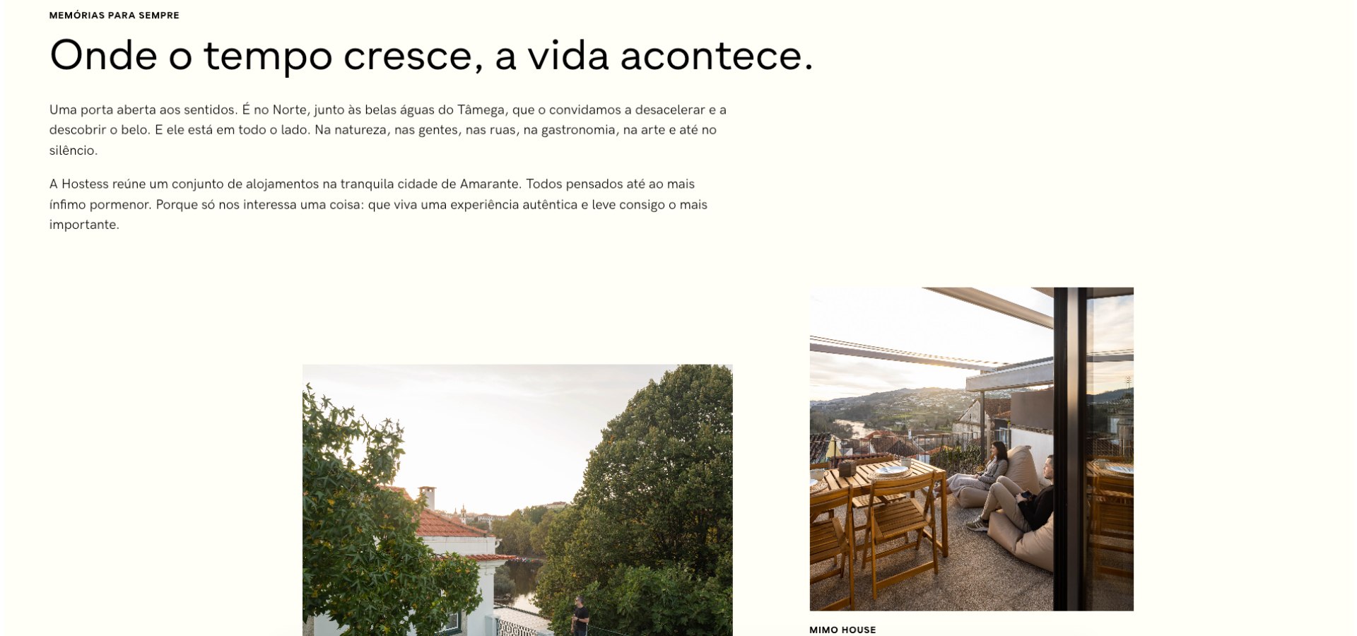 Exemplo de página do site da Hostess com copywriting desenvolvido para comunicar experiência, tempo e hospitalidade.